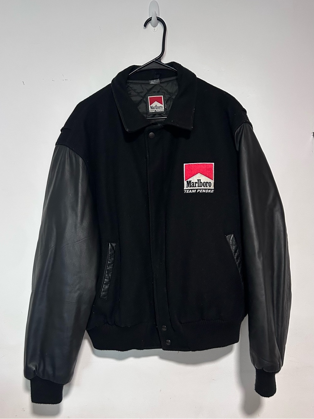 Vintage Marlboro Team Penske Black Men's Varsity Leather Jacket Rare XL